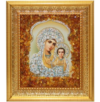 Иконы Казанская икона Божией Матери с янтарем (15,5 х 17,5 см)