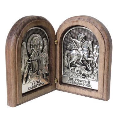 Иконы Складень двойной с иконами Георгия Победоносца и Ангела Хранителя (5 х 6,7 см, дерево, гальваника)