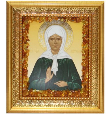 Иконы Матрона Московская икона с янтарем (15,5 х 17,5 см)