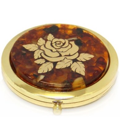 Утварь и подарки Зеркало карманное двойное с янтарной вставкой «Роза» (янтарная крошка, ювелирная смола, 7,5 см) 