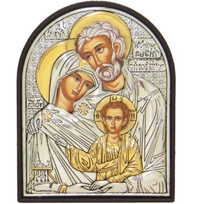 Иконы Святое Семейство, икона в серебряном окладе, ручная работа (6 х 7,5 см)