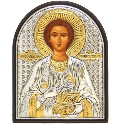 Иконы Пантелеимон целитель икона в серебряном окладе на пластике (6 х 7,5 см)