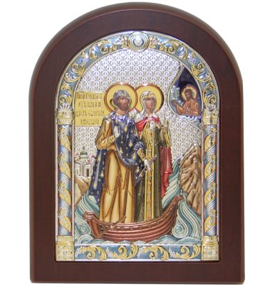 Иконы Петр и Феврония святые князья в серебряном окладе, ручная работа (12 х 16 см)