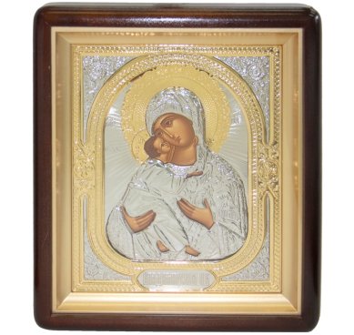 Иконы Владимирская икона Божией Матери в киоте (небольшой брак, 25 х 28 см, Софрино)