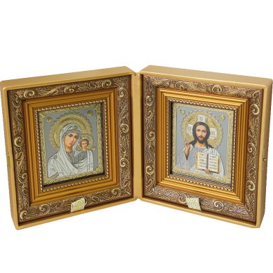 Иконы Складень ручной работы (золотая парча, размер иконы 18 × 20 см)