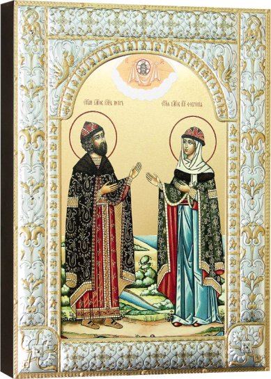 Иконы Петр и Феврония, икона в посеребренном окладе 18 х 24 см