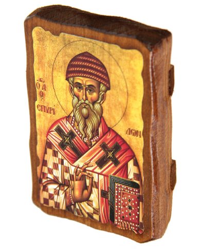 Иконы Спиридон Тримифунтский, икона на дереве 8 х 10 см, с печатью благословение Афона