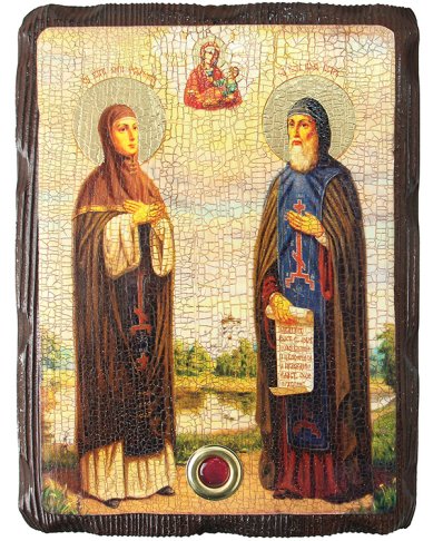 Иконы Петр и Феврония икона на дереве под старину с мощевиком (18 х 24 см)