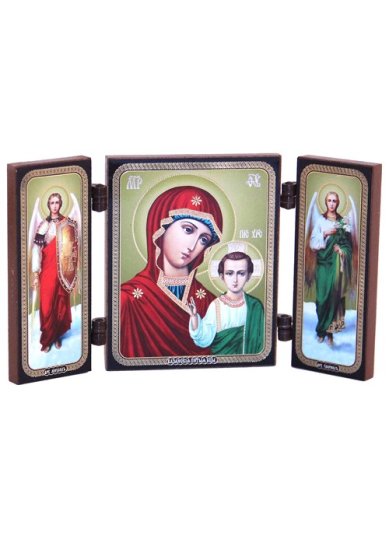Иконы Казанская икона Божией Матери с архангелами складень тройной (13 х 7,5 см)