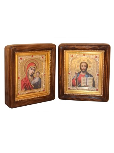Иконы Казанская Божия Матерь, Спаситель, иконы со стразами, в деревянной рамке (15х17 см)