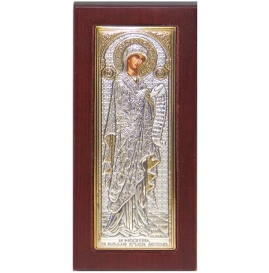 Иконы Заступница (Меситрия) икона Божией Матери в серебряном окладе на пластике (10 х 22 см)
