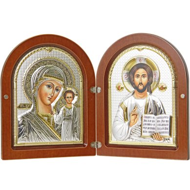 Иконы Складень двойной, Казанская Божия Матерь, Спаситель, в серебряном окладе, ручная работа (13 х 16,5 см)