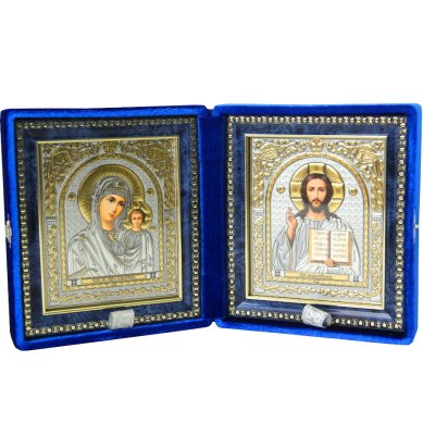 Иконы Складень Казанская Божия Матерь, Спаситель (парча, размер иконы 12,5 х 14,5 см)