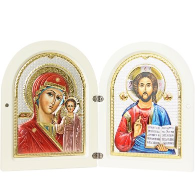 Иконы Складень двойной, Казанская Божия Матерь, Спаситель, в серебряном окладе, ручная работа (13 х 16,5 см)