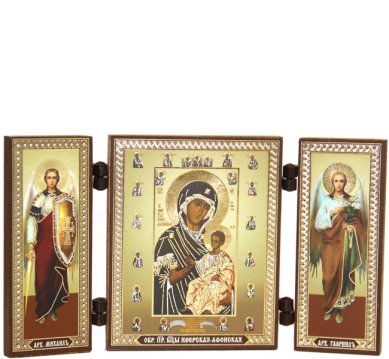 Иконы Иверская-Афонская икона Божией Матери с архангелами складень тройной (13 х 7,5 см)