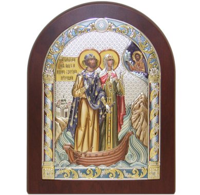 Иконы Петр и Феврония святые князья икона в серебряном окладе, ручная работа (17,5 х 22,5 см)