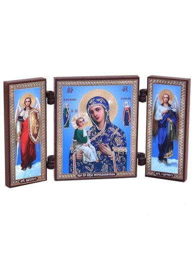 Иконы Иерусалимская икона Божией Матери с архангелами складень тройной (13 х 7,5 см)