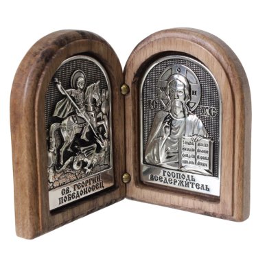 Иконы Складень двойной с иконами Спасителя и Георгия Победоносца (5 х 6,7 см, дерево, гальваника)