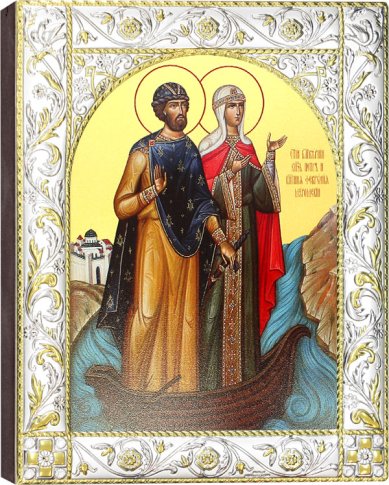 Иконы Петр и Феврония, икона в посеребренном окладе 14 х 18 см
