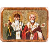 Иконы Спиридон Тримифунтский и Николай Чудотворец икона на дереве под старину с мощевиком (18 х 24 см)
