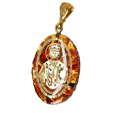 Утварь и подарки Николай Чудотворец, медальон-образок из янтаря (2 х 3 см)
