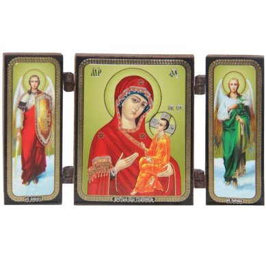 Иконы Тихвинская икона Божией Матери с архангелами складень тройной (13 х 7,5 см)