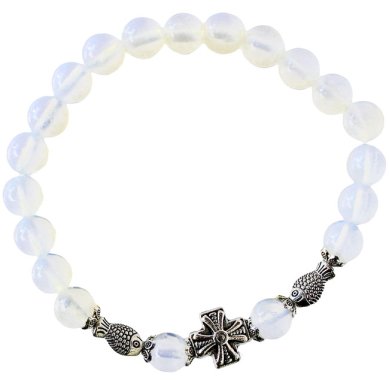 Утварь и подарки Браслет 20 зерен из лунного камня (с крестом и рыбками)