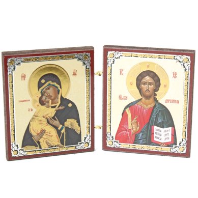 Иконы Складень двойной Владимирская Божия Матерь, Спаситель (6 х 7,5 см)