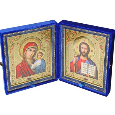 Иконы Складень Казанская Божия Матерь, Спаситель (парча, размер иконы 17,5 х 20,5 см)