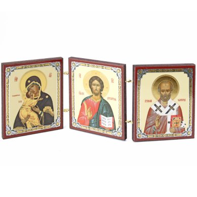 Иконы Владимирская Божия Матерь, Господь Вседержитель, Николай Чудотворец. Деревянный складень с иконами (6 х 7,5 см)