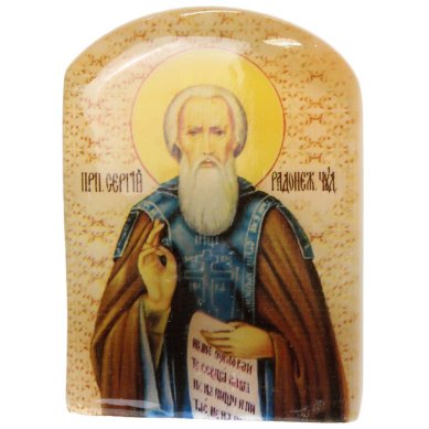 Иконы Сергий Радонежский, икона настольная из селенита (45 х 30 х 65 мм, 65 г)