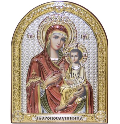 Иконы Скоропослушница икона Божией Матери в серебряном окладе, ручная работа (10 х 12,3 cм) 
