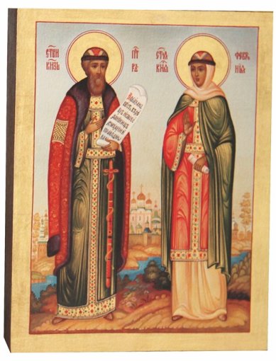 Иконы Петр и Феврония, икона Божией Матери на дереве (11 х 14 см)