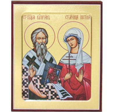 Иконы Киприан и Иустина св. мученики икона на дереве (12,5 х 16 см)