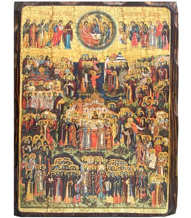 Иконы Собор всех святых, в земле Русской просиявших на дереве под старину (22 х 30 см)