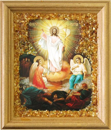 Иконы Воскресение Христово, икона с янтарной крошкой, 14 х 16 см