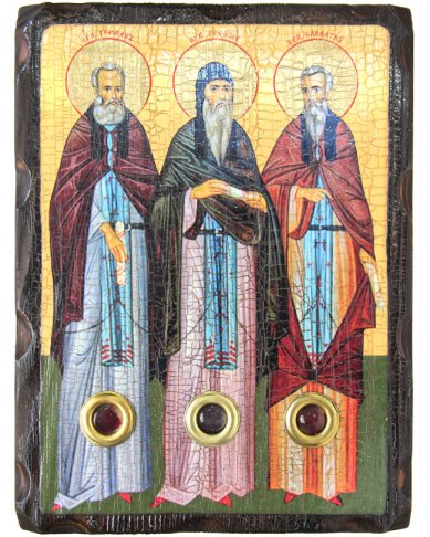 Иконы Соловецкие чудотворцы Зосима, Савватий, Герман икона на дереве под старину с мощевиками (18 х 24 см)