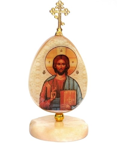 Иконы Икона из селенита на подставке в форме яйца «Господь Вседержитель» (4,5 х 10 см) 
