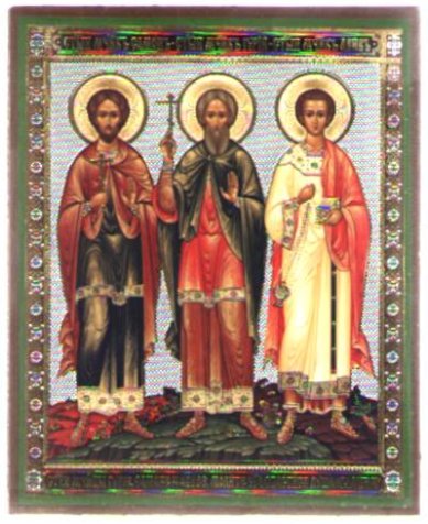Иконы Гурий, Самон и Авив мученики икона на дереве (13х16 см, Тиль)