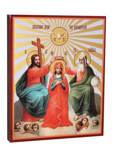 Иконы Небесное величие (Коронование) икона Божией Матери на дереве, ручная работа (12,7 х 15,8 см)
