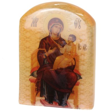 Иконы Богородица на Престоле, икона настольная из селенита (45 х 30 х 65 мм, 65 г)