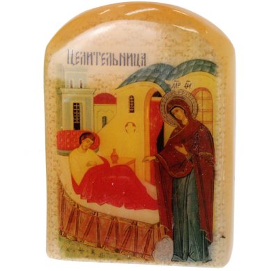 Иконы Целительница, икона настольная из селенита (45 х 30 х 65 мм, 65 г)