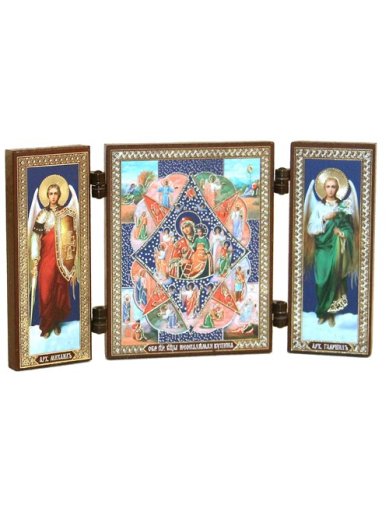 Иконы Неопалимая Купина икона Божией Матери с архангелами складень тройной (13 х 7,5 см)