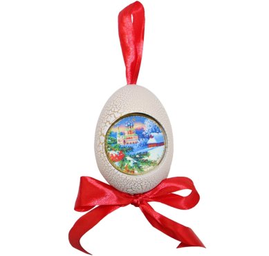 Утварь и подарки Рождественская подвеска яйцо «С Рождеством Христовым!» (ветка ели и рябины, белое)
