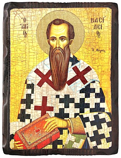 Иконы Василий Великий, икона на дереве под старину (18 х 24 см)