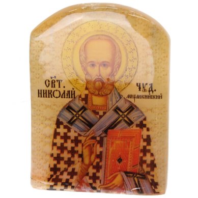 Иконы Николай Чудотворец, икона настольная из селенита (45 х 30 х 65 мм, 65 г)