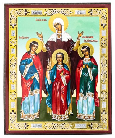 Иконы Вера, Надежда, Любовь и мать их София икона на планшете (6 х 7,5 см, Софрино)