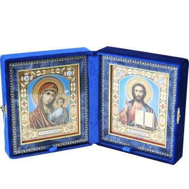 Иконы Складень Казанская Божия Матерь, Спаситель, ручная работа (бархат, размер иконы 12,5 х 14,5 см)