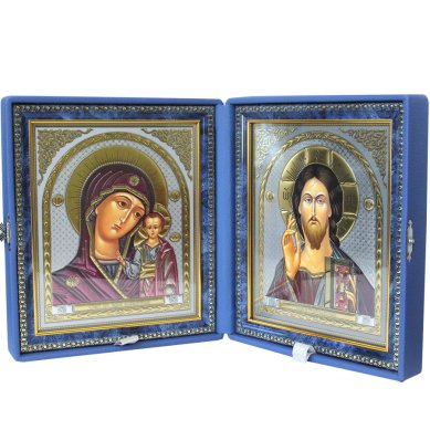 Иконы Складень Казанская Божия Матерь, Спаситель, ручная работа (синяя искусственная кожа, размер иконы 17,5 х 20,5 см)
