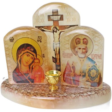 Утварь и подарки Подсвечник из селенита с распятием и иконами, 13х13х6 см